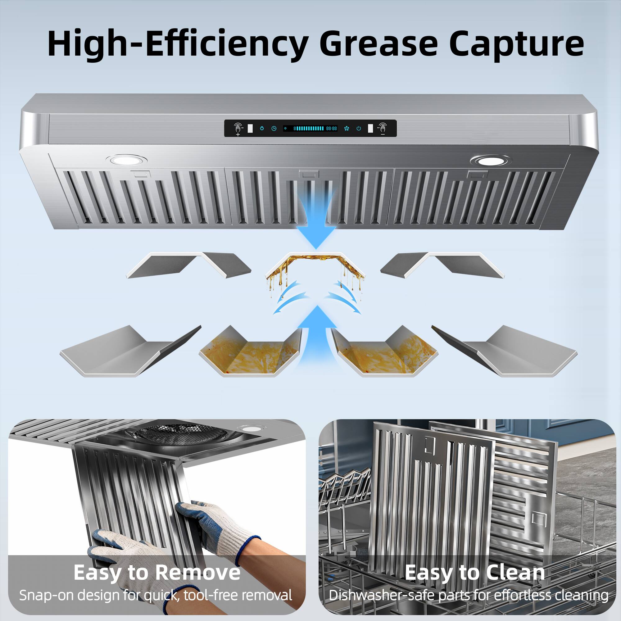 High-Efficiency Grease Capture

Easy to Remove
Snap-on design for quick, tool-free removal

Easy to Clean
Dishwasher-safe parts for effortless cleaning