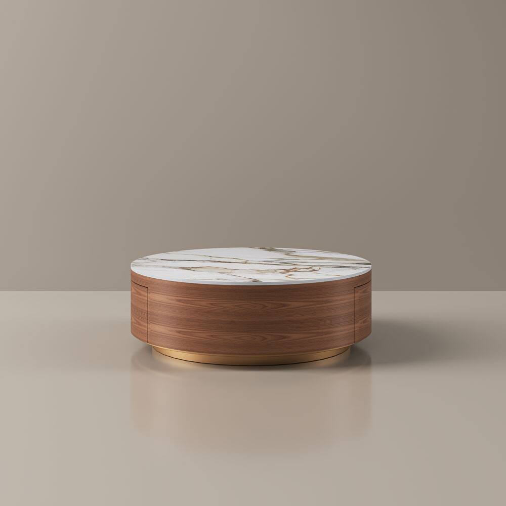 Alt View 9. POVISON - 39" Fully Assembled Wood Modern Round Drum Sintered Stone Coffee Table with 2 Drawers, Walnut & White - Walnut & White.