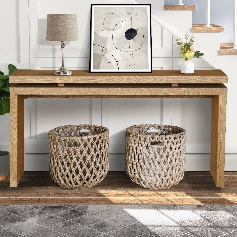Alt View 1. Loheer - Loheer 60 inch farmhouse console table with double board suspension design and solid wood frame - Antique Brown.
