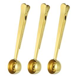 Unique Bargains - 3pcs Coffee Scoop with Clip, Stainless Steel Scoop and Bag Clip for Measuring Coffee Tea Milk Powder Spices - Gold