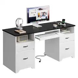 Bestier - 59-inch Computer Desk with Charging Station, Fluted Storage Cabinet and Keyboard Tray - White