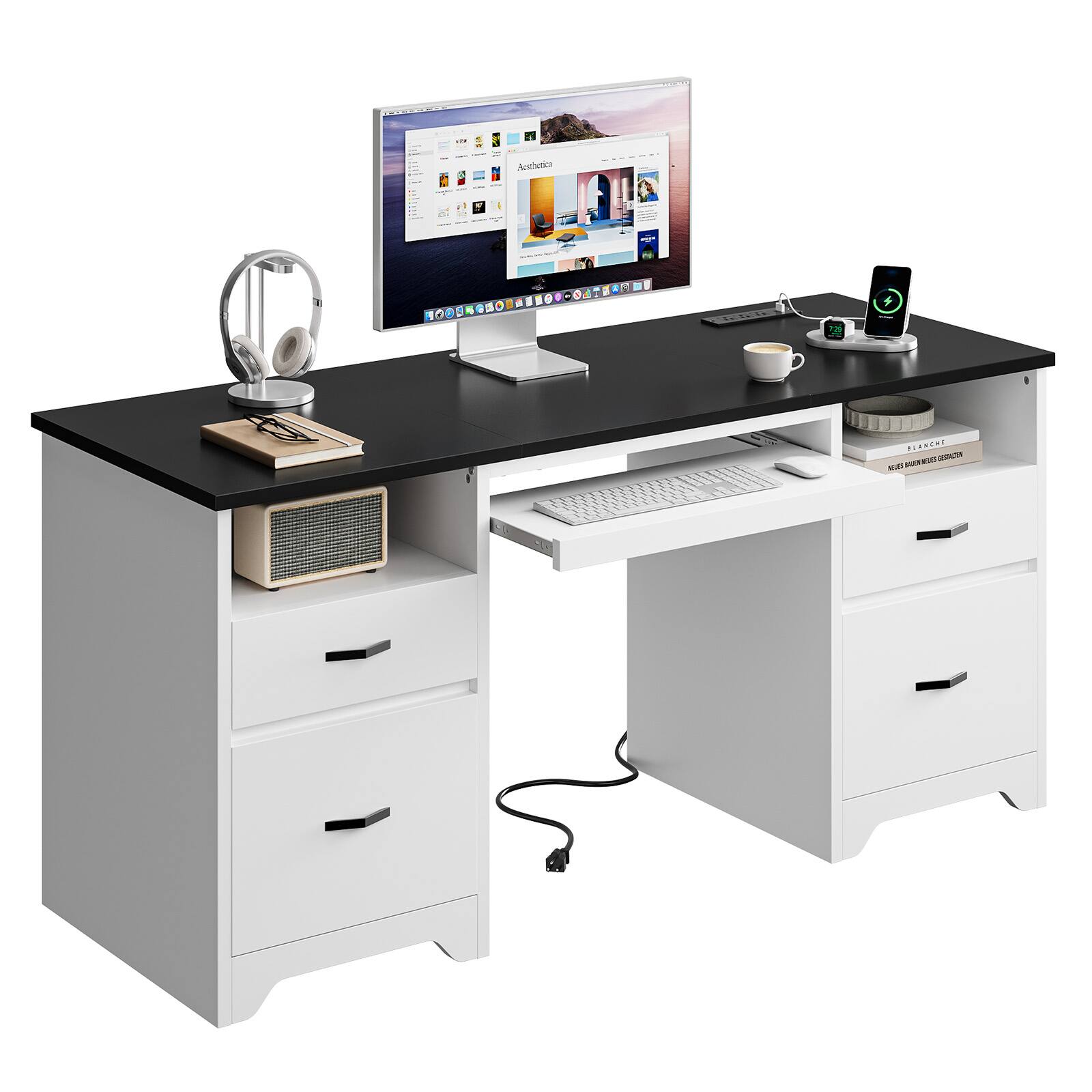 Bestier - 59-inch Computer Desk with Charging Station, Fluted Storage Cabinet and Keyboard Tray - White
