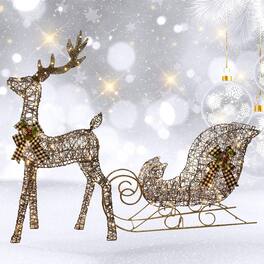 Oumilen - 2-Piece Pre-Lit Rattan Reindeer and Sleigh Set – 48in Lighted Christmas Deer with Sleigh