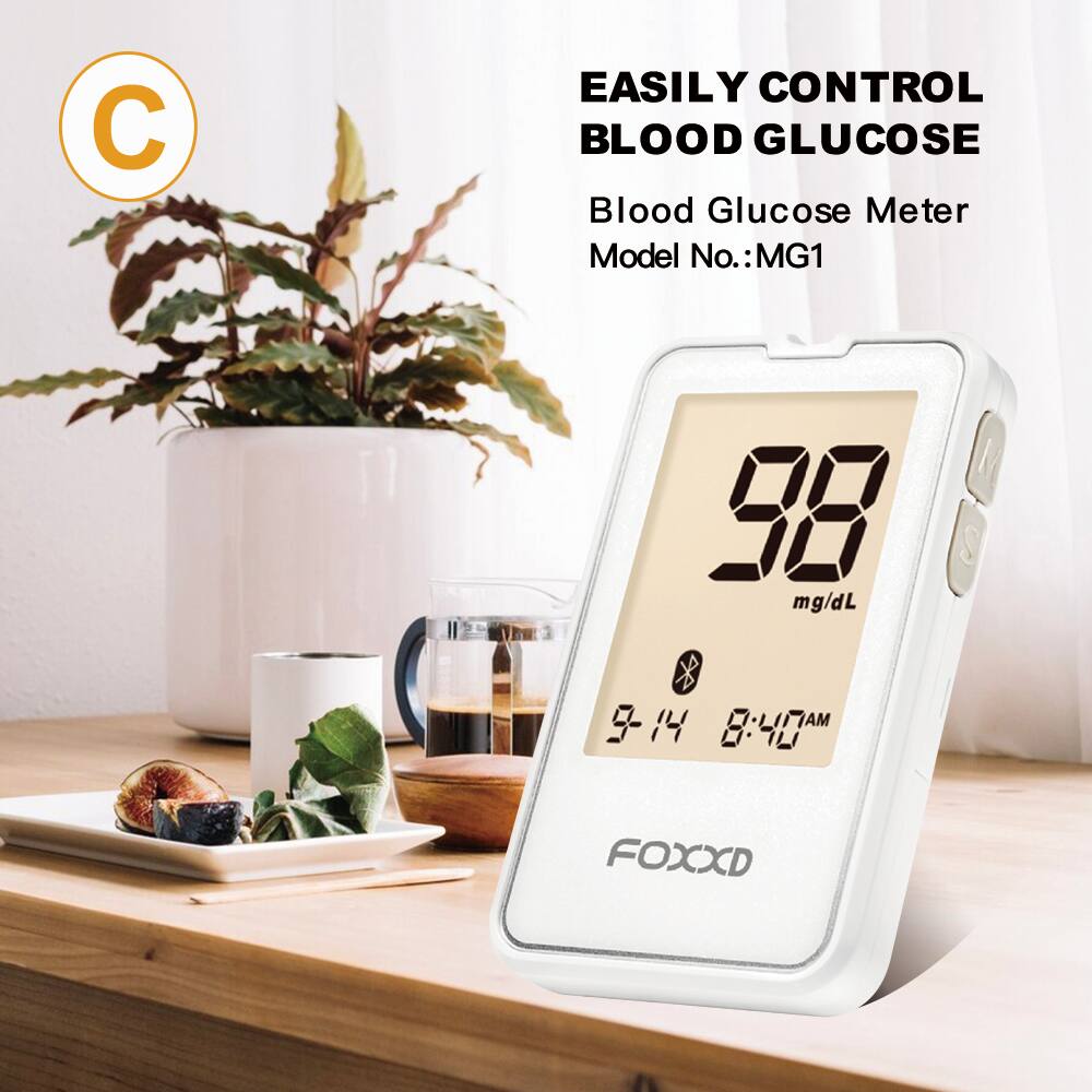 EASILY CONTROL BLOOD GLUCOSE

Blood Glucose Meter  
Model No.: MG1

98 mg/dL  
9-14 8:40 AM

FOXCD
