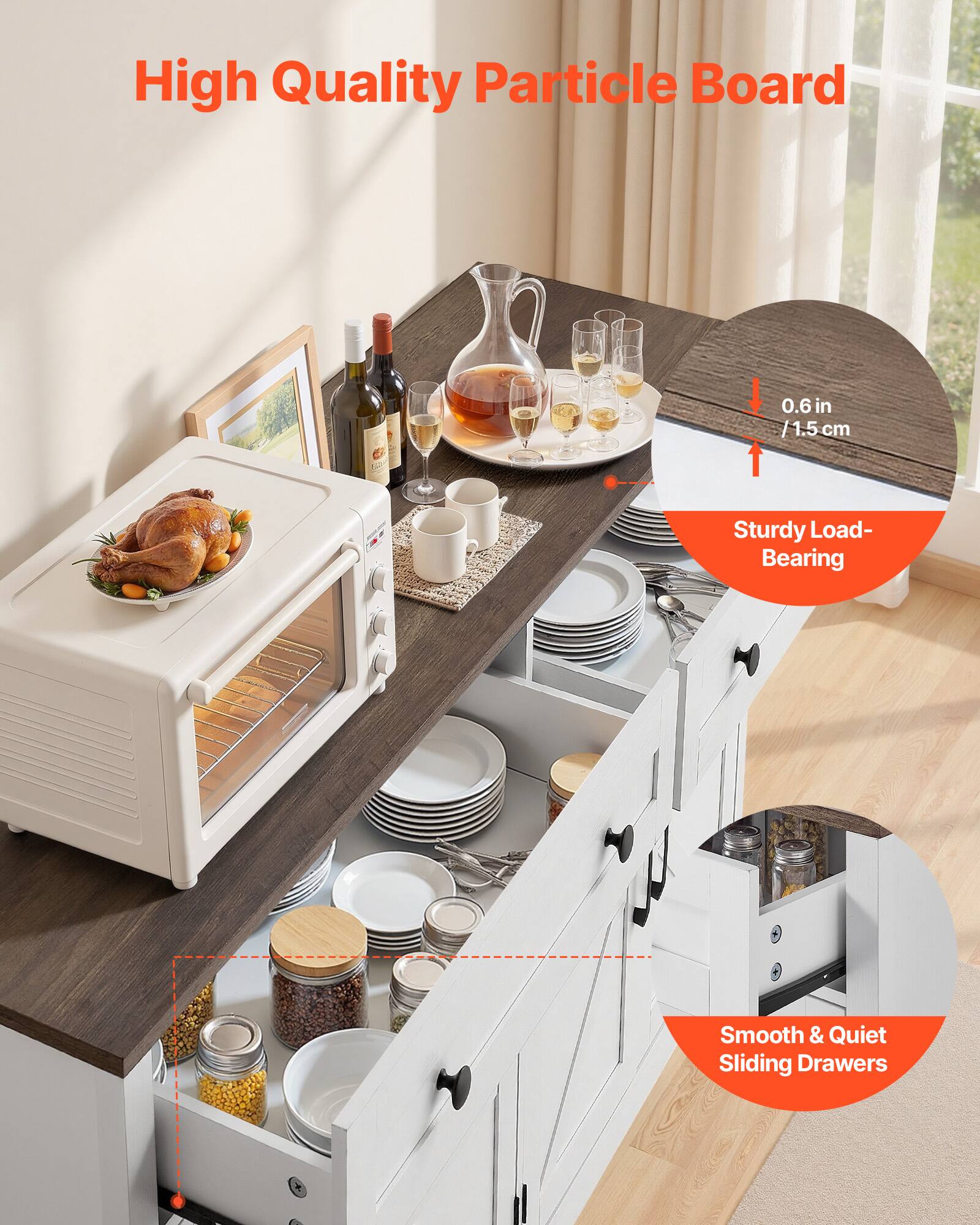 High Quality Particle Board  
0.6 in / 1.5 cm  
Sturdy Load-Bearing  
Smooth & Quiet Sliding Drawers