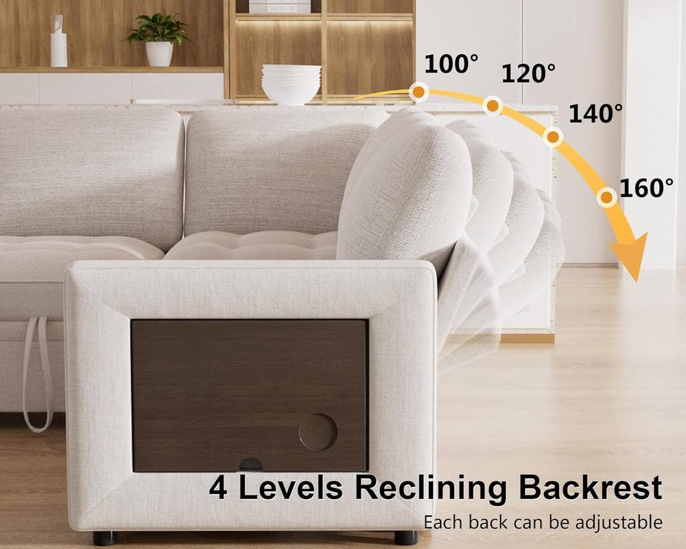 The text in the image can be grouped and corrected as follows:

"4 Levels Reclining Backrest. Each backrest can be adjustable at 100°, 120°, 140°, and 160°."
