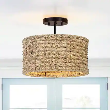 Front. Hivvago - Bohemian 13.6-inch Round Rattan Drum 2-Light Ceiling Light - Semi-Flush Mount - Brown.