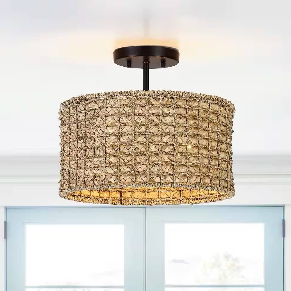 Front. Hivvago - Bohemian 13.6-inch Round Rattan Drum 2-Light Ceiling Light - Semi-Flush Mount - Brown.