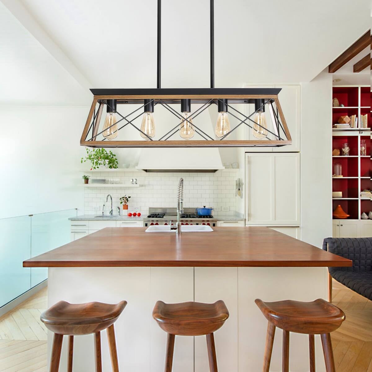 Left. Loheer - Loheer 32 inch Walnut Pendant Chandelier, Five Light Industrial Metal Cage for Dining Room or Kitchen.