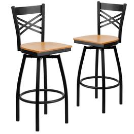 Emma + Oliver - 2 Pack "X" Back Swivel Metal Barstool - Natural Wood Seat/Black Metal Frame