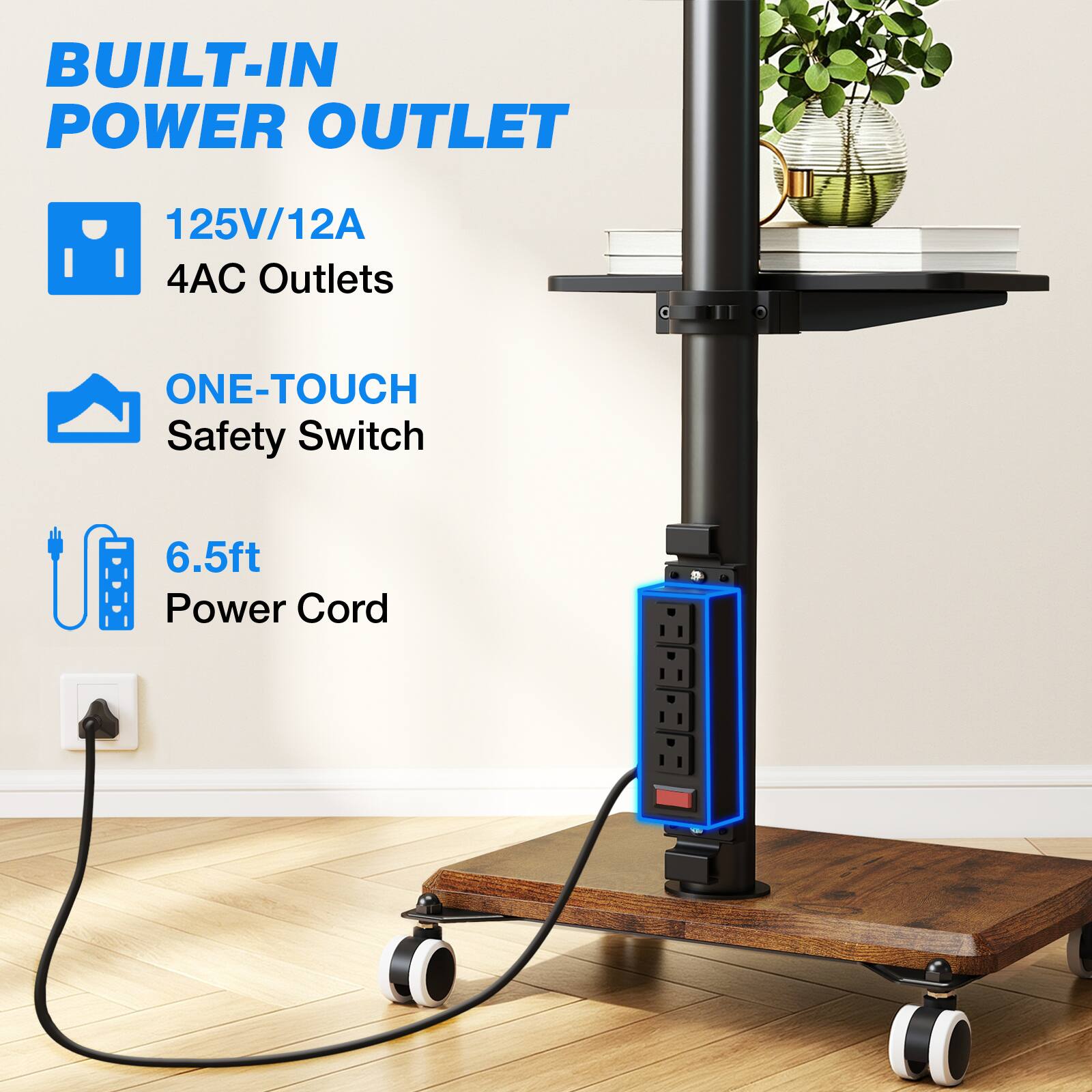BUILT-IN POWER OUTLET  
125V/12A 4AC Outlets  
ONE-TOUCH Safety Switch  
6.5ft Power Cord