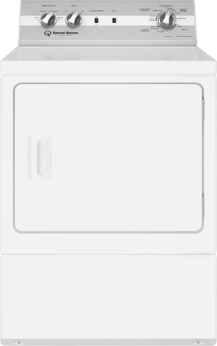 The text on the image reads "FAR IELECTOR BAGIAL ELE SLECTION - i CITEMED - START - Speed Queen." This text is grouped as follows:
1. "FAR IELECTOR BAGIAL ELE SLECTION - i CITEMED - START - Speed Queen."
2. The text is a description of the washing machine, indicating that it is a Speed Queen brand and has various features such as a bagial selector and a cite-me-d start button.