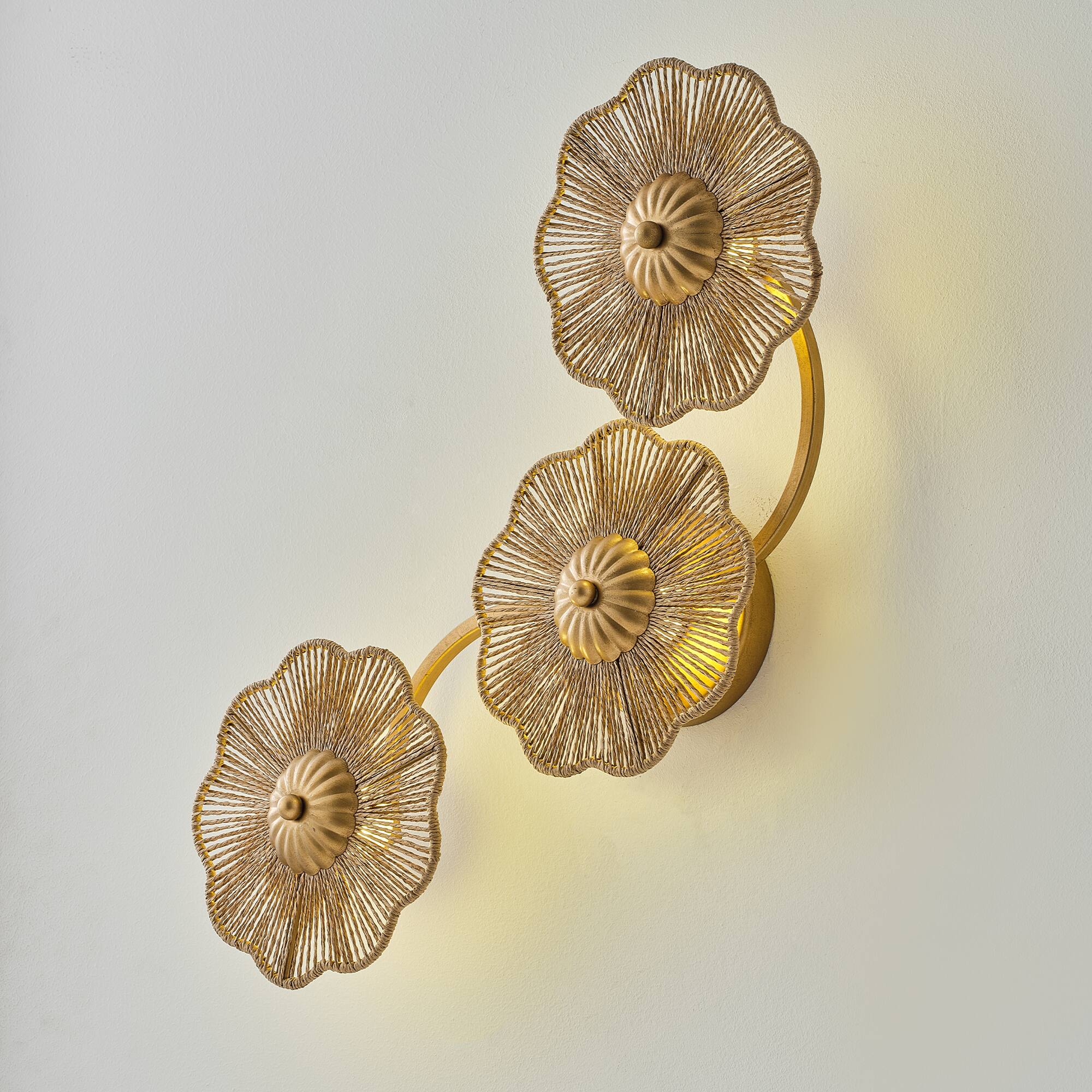 Alt View 5. Parrot Uncle - Antique Gold Modern Farmhouse Hand-Woven Raffia Rope Three Flower-Shaped LED Wall Lamp - Gold.