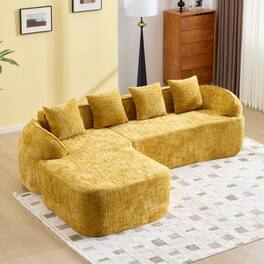 Anysun - Chenille L-Shape Compressed Sofa - High-Elastic Sponge, Curved Armrests & 4 Throw Pillows for Living Room - Yellow