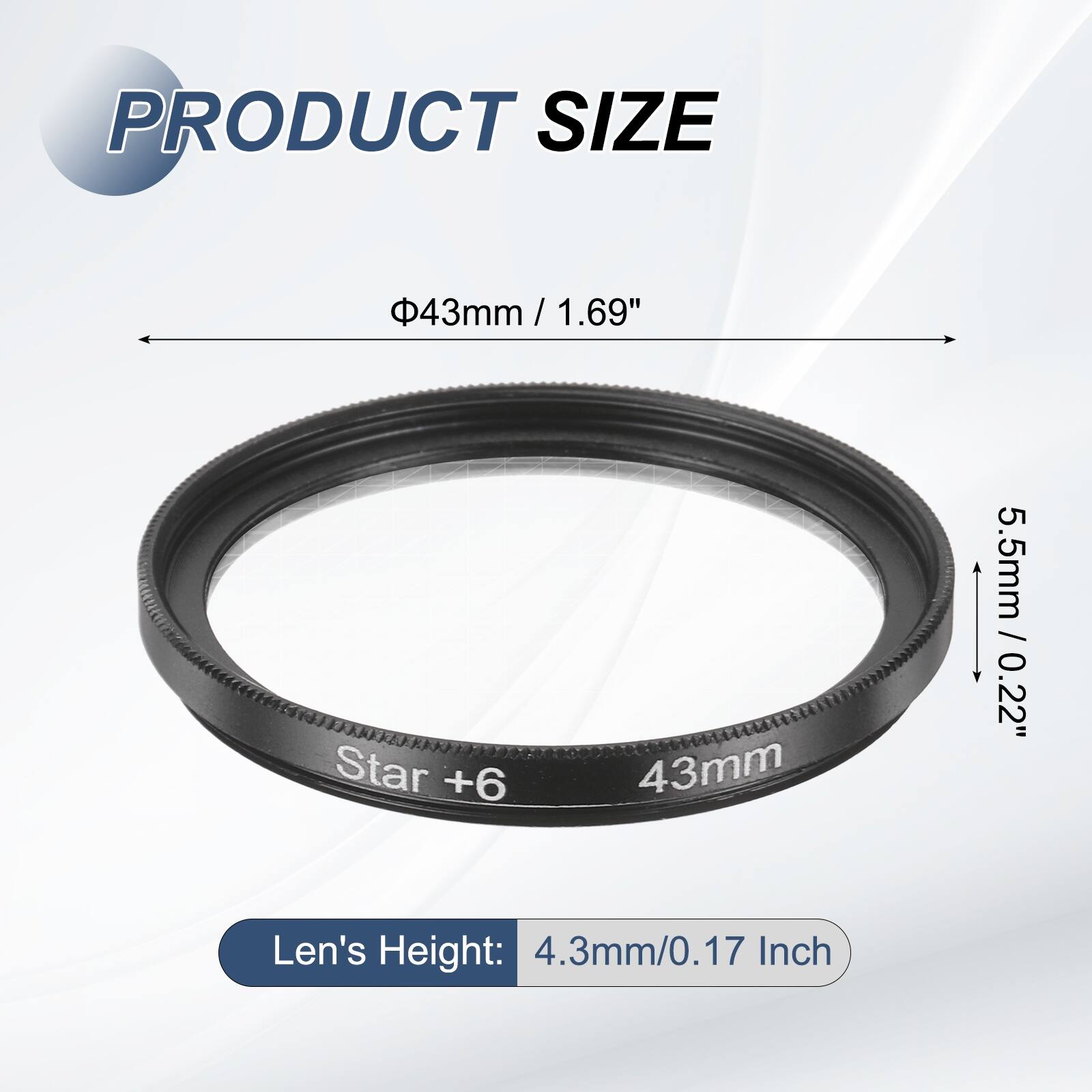 PRODUCT SIZE  
Φ43mm / 1.69"  
5.5mm / 0.22"  
Len's Height: 4.3mm/0.17 Inch
