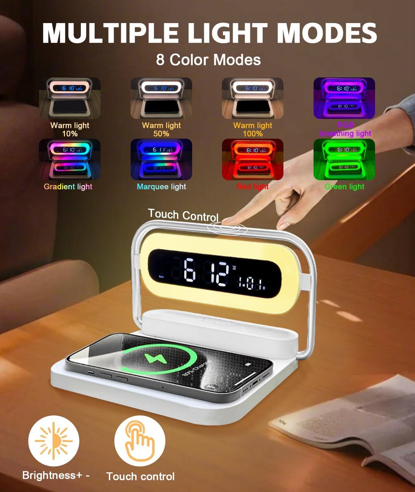 MULTIPLE LIGHT MODES

8 Color Modes

- Warm light 10%
- Warm light 50%
- Warm light 100%
- RGB breathing light
- Gradient light
- Marquee light
- Red light
- Green light

Touch Control

Brightness+ -

Touch control