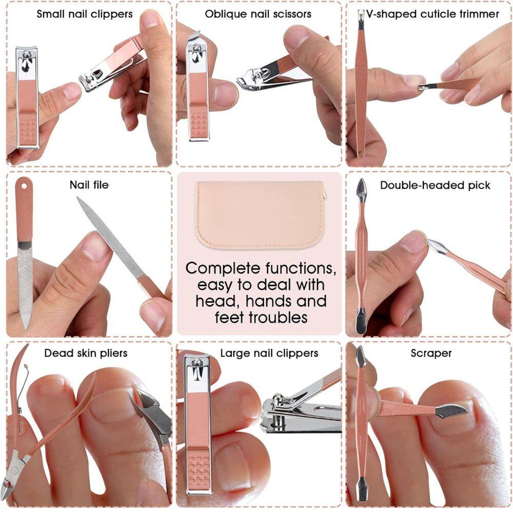 - Small nail clippers
- Oblique nail scissors
- V-shaped cuticle trimmer
- Nail file
- Double-headed pick
- Dead skin pliers
- Large nail clippers
- Scraper

Complete functions, easy to deal with head, hands and feet troubles