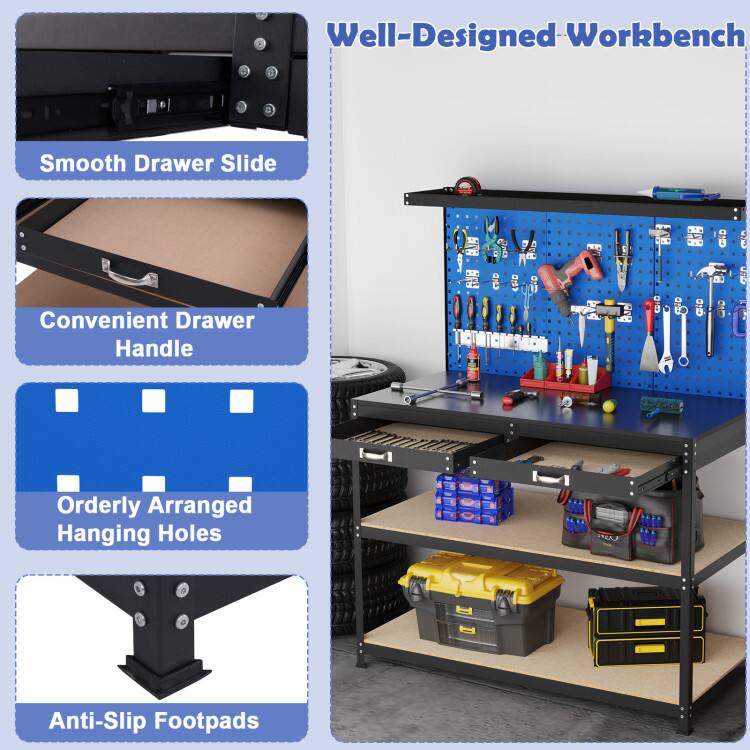 Well-Designed Workbench  
Smooth Drawer Slide  
Convenient Drawer Handle  
Orderly Arranged Hanging Holes  
Anti-Slip Footpads