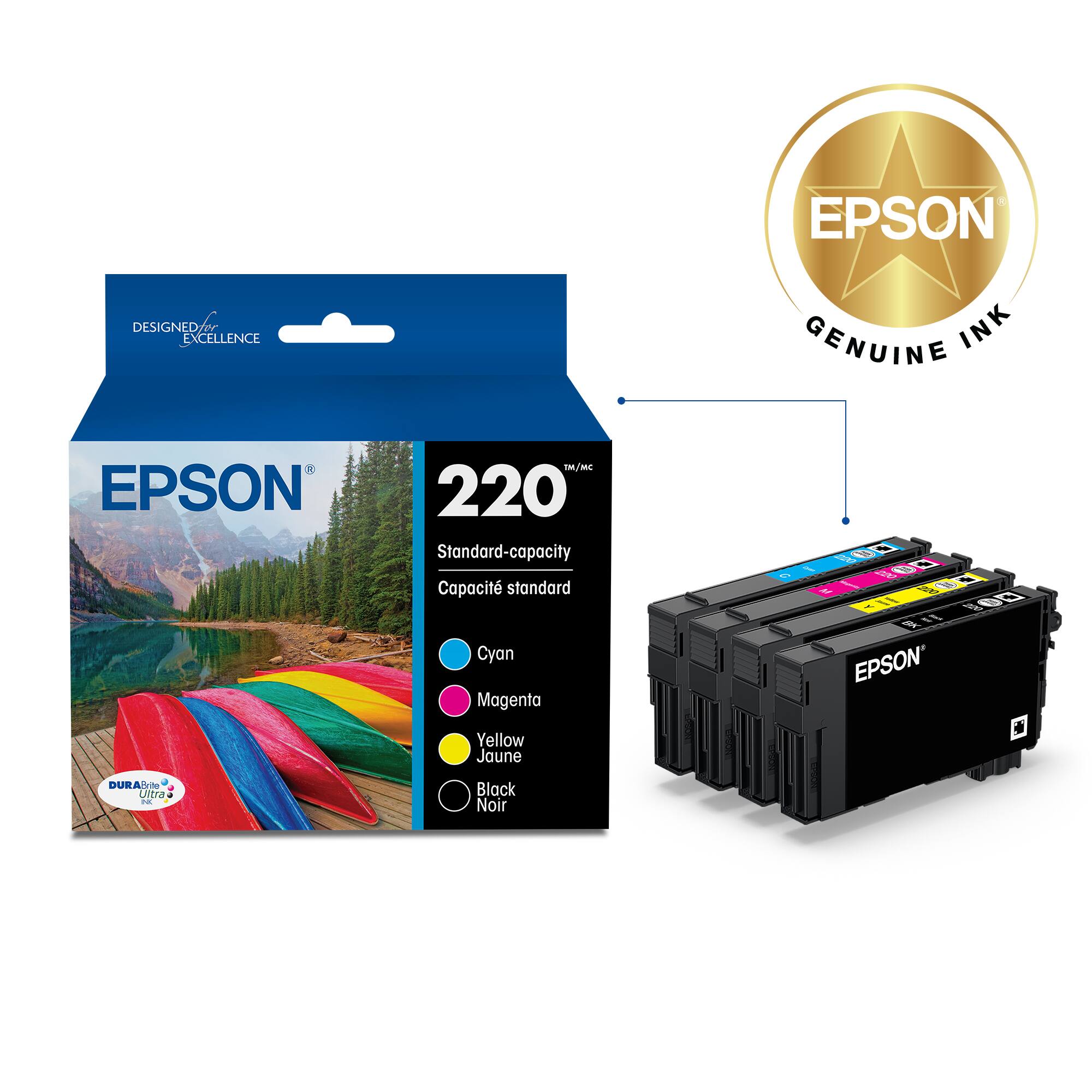 EPSON GENUINE INK - EPSON 220 Standard-capacity Cartridges: Cyan, Magenta, Yellow, Black.