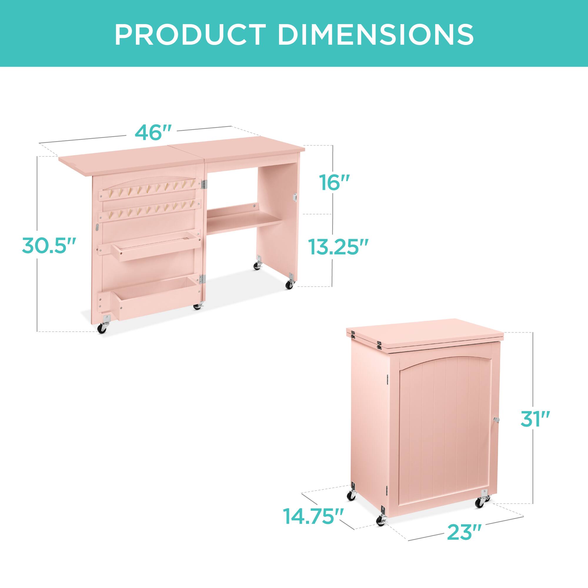 PRODUCT DIMENSIONS

- Table: 46" (width) x 16" (depth) x 30.5" (height)
- Cabinet: 13.25" (depth) x 31" (height) x 23" (width)
- Drawer: 14.75" (depth)