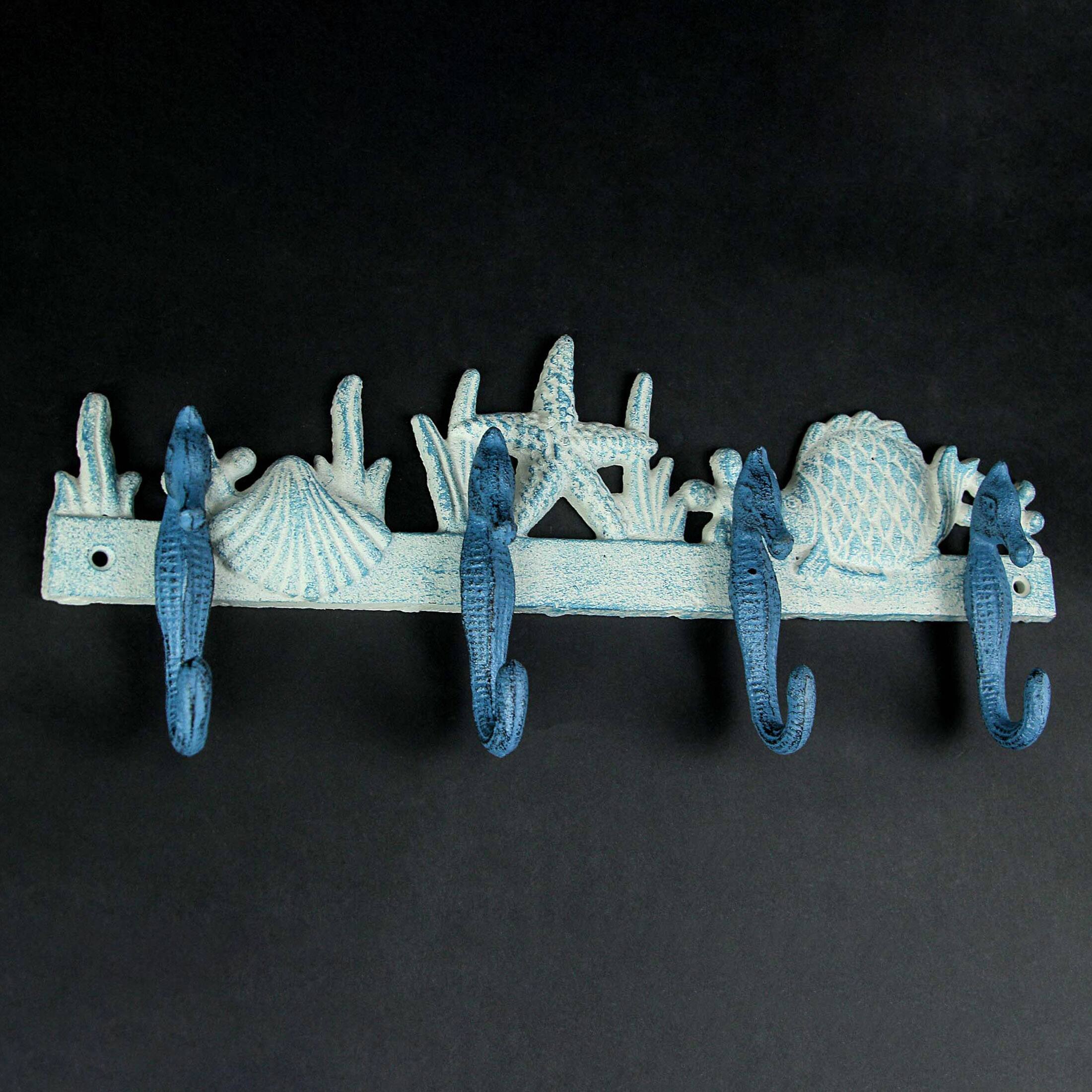 Alt View 2. Zeckos - Cast Iron Coastal Blue and White Seahorse Sea Life Decorative Wall Hook Rack - Multicolored.