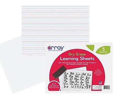 Array  
Dry Erase Learning Sheets  
5 Sheets  
3/4" Ruling One Side, Blank on the Other & Dry Erase on Both Sides  
5 CT  
029  
Aa Bb Cc Dd Ee Ff Gg Hh Ii Jj Kk Ll Mm Nn Oo Pp Qq Rr Ss Tt Uu Vv Ww Xx Yy Zz  
123456789
