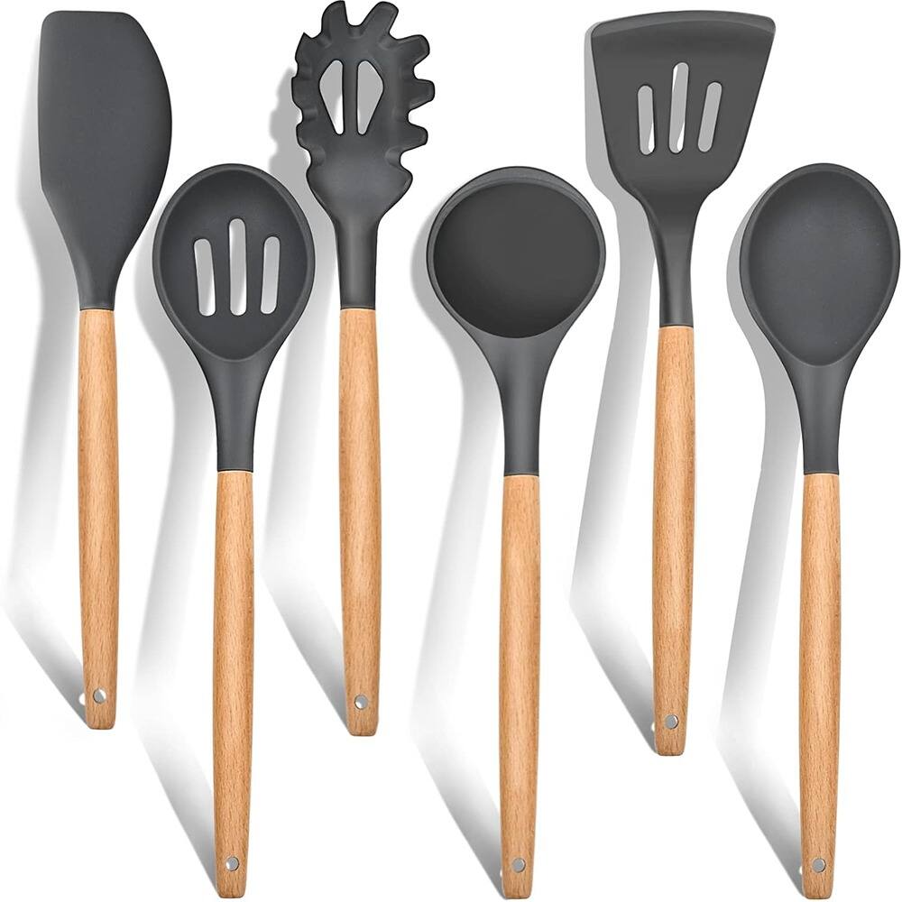 Front. RTMB - Silicone Kitchen Utensils with Wooden Handle Spatula/Ladle/Slotted Turner/Serving Spoon - Gray.