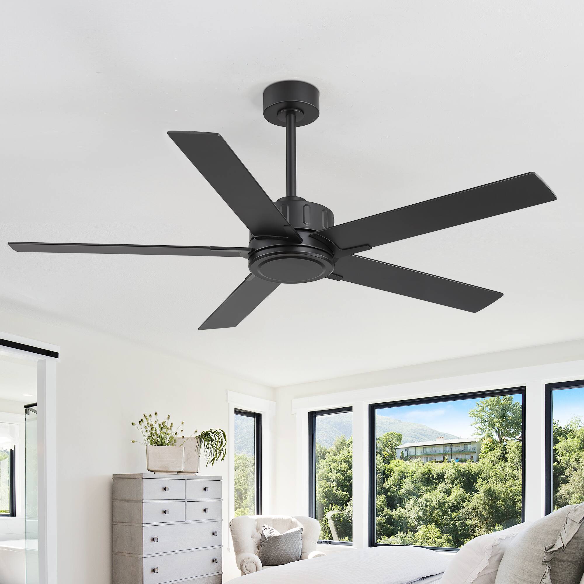 Alt View 2. Breezary - 56-In Indoor Ceiling Fan, 5 Plywood Blades, 6-Speed DC Motor, Remote Control, Timer, 5"/10" Downrods - 56-inch Black.