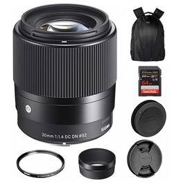 Sigma - 30mm f/1.4 DC DN Contemporary Lens for Sony E, 52mm UV, 64GB, Camera Bag