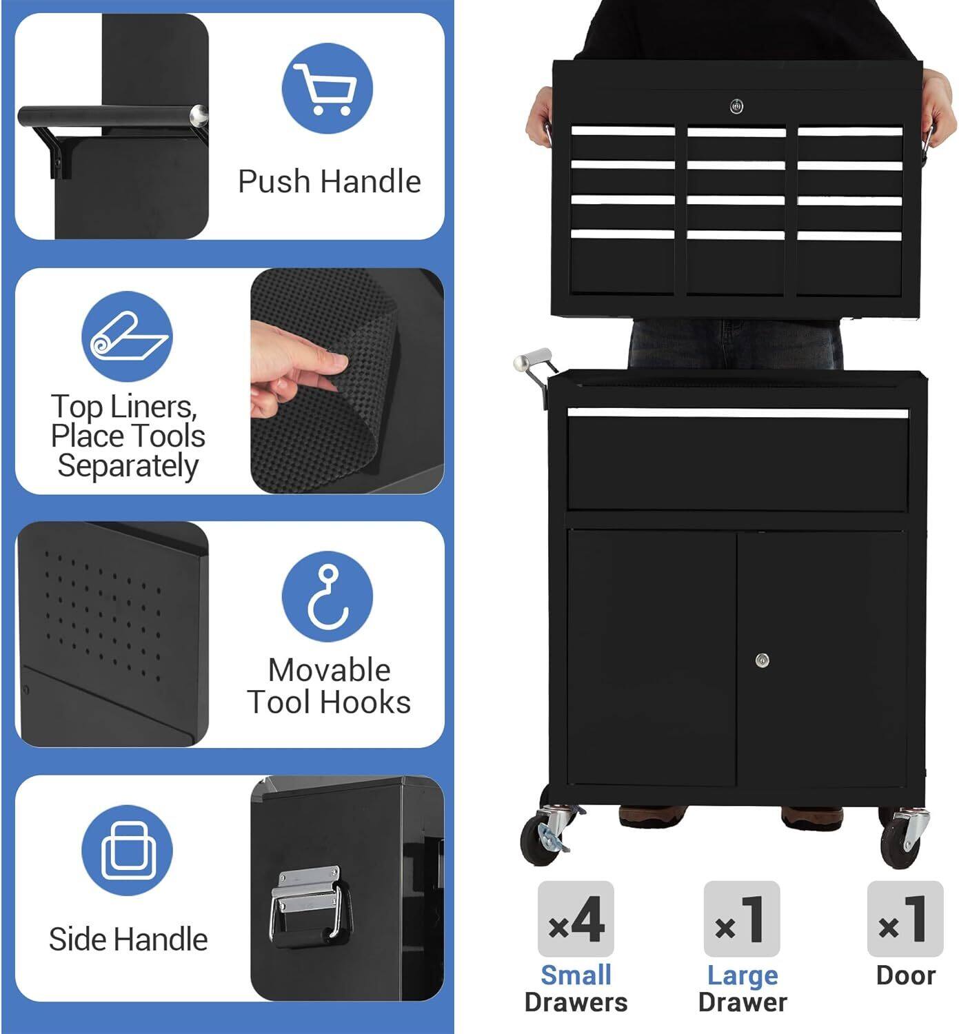 - Push Handle
- Top Liners, Place Tools Separately
- Movable Tool Hooks
- Side Handle
- 4 Small Drawers
- 1 Large Drawer
- 1 Door