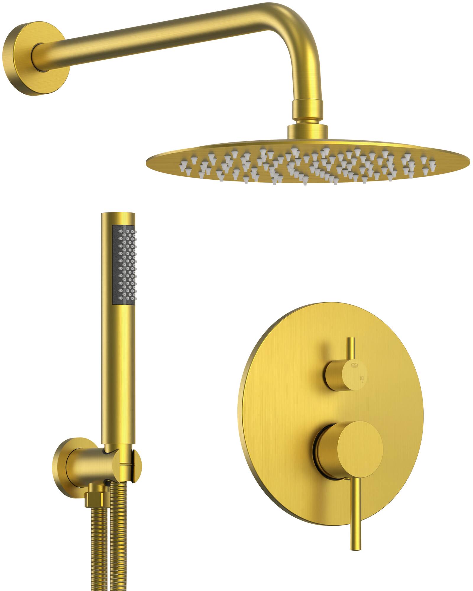 Front. GRANDJOY - Pressure Balanced Shower System with 10" Rain Shower Head, Handheld Shower and Anti‑Scald Valve - Brushed Gold.