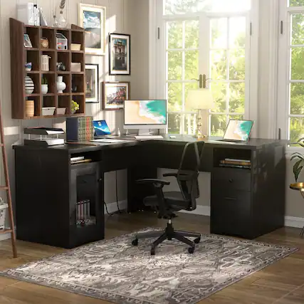 Front. Aheaplus - 60"L-Shaped Corner Desk - Sturdy 2-Person Executive Desk with Storage/File Cabinets & Power/USB Ports - Black.