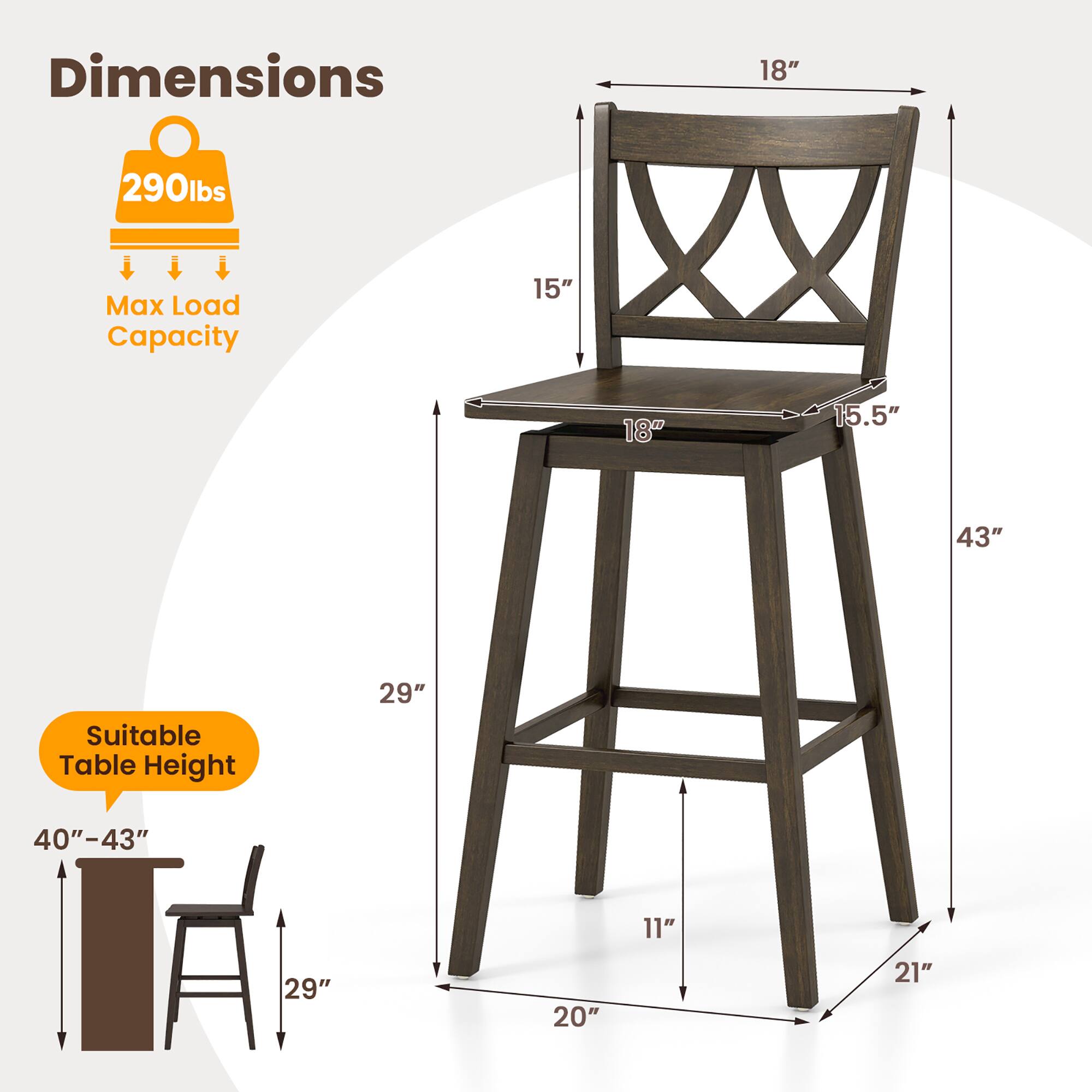 Dimensions: 18", 15", 15.5", 43", 29", 20", 11", 21"

Max Load Capacity: 290lbs

Suitable Table Height: 40"-43"