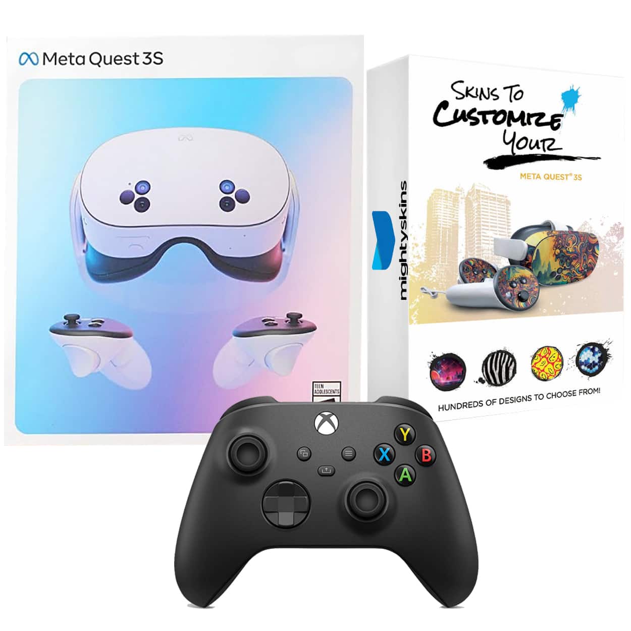Meta - Quest 3S 128GB Virtual Reality VR Headset with Black Xbox Controller and MightySkins Custom Skin Code Bundle - White
