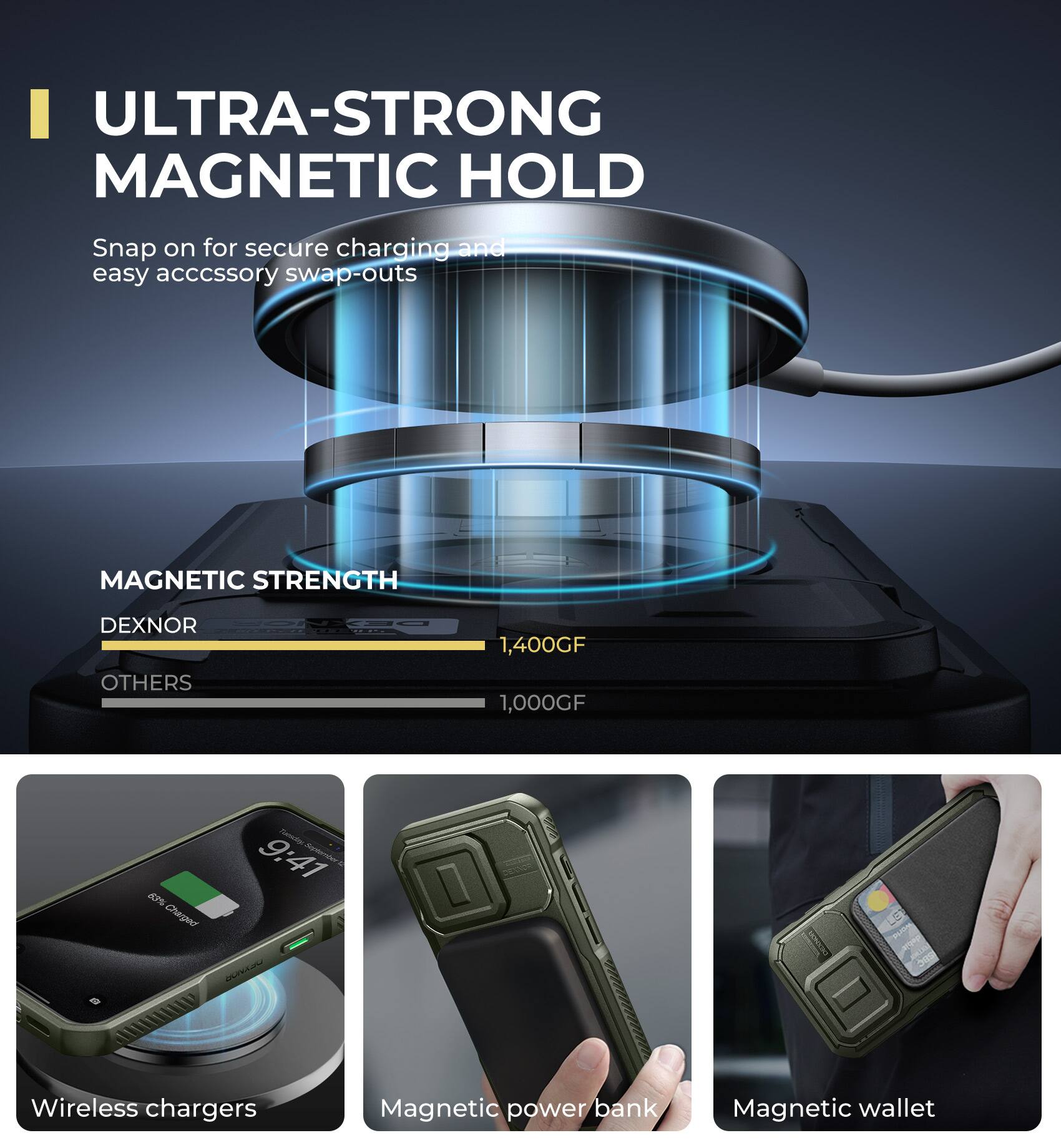 ULTRA-STRONG MAGNETIC HOLD  
Snap on for secure charging and easy accessory swap-outs  

MAGNETIC STRENGTH  
DEXNOR 1,400GF  
OTHERS 1,000GF  

Wireless chargers  
Magnetic power bank  
Magnetic wallet