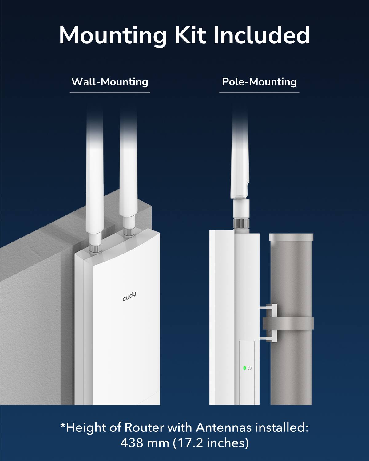 Mounting Kit Included

Wall-Mounting

Pole-Mounting

*Height of Router with Antennas installed: 438 mm (17.2 inches)