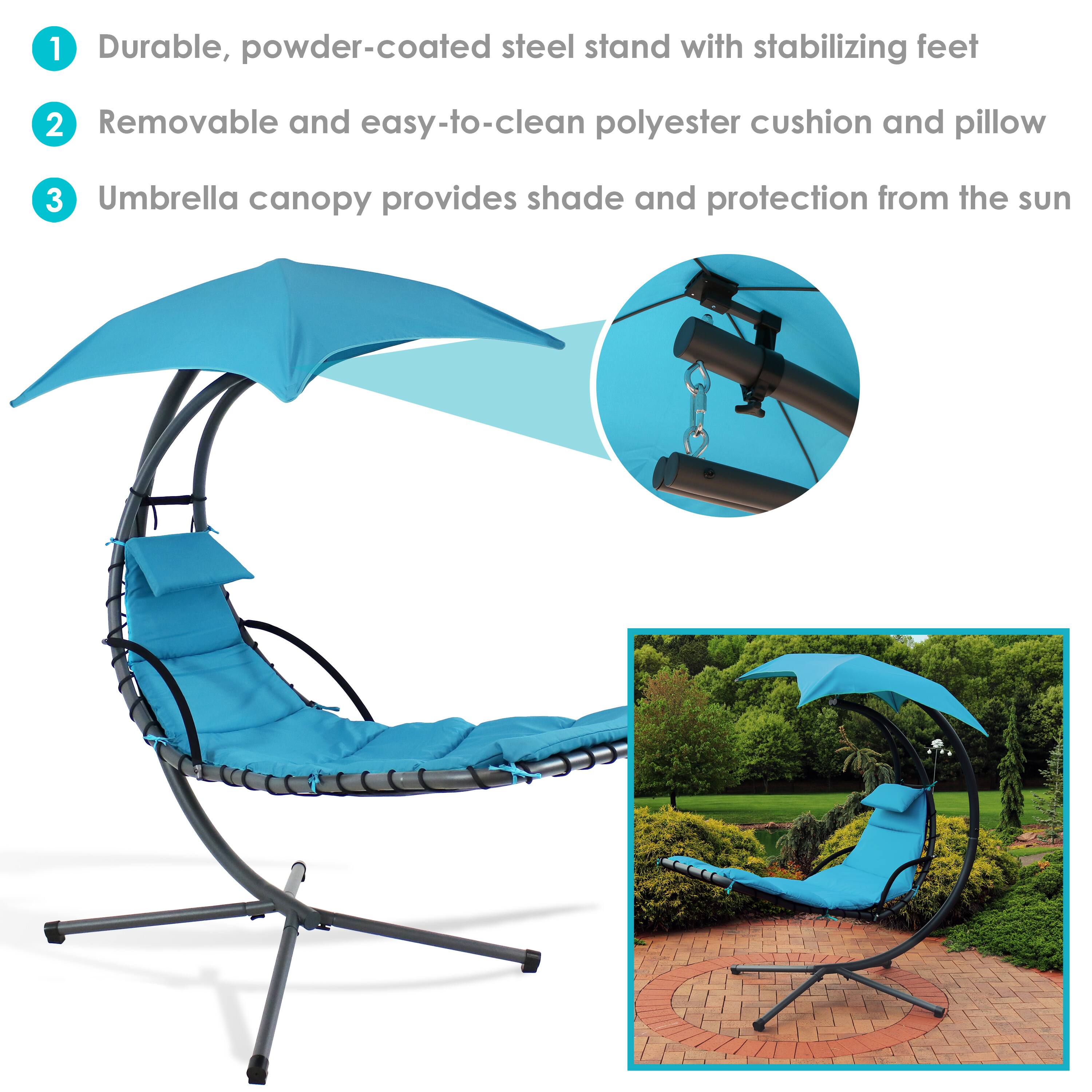 1. Durable, powder-coated steel stand with stabilizing feet  
2. Removable and easy-to-clean polyester cushion and pillow  
3. Umbrella canopy provides shade and protection from the sun