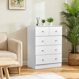Kadyn - 5-Drawer Cabinet, 3+2 Storage Dresser with Matte Gold Handles & Hemp Finish - White