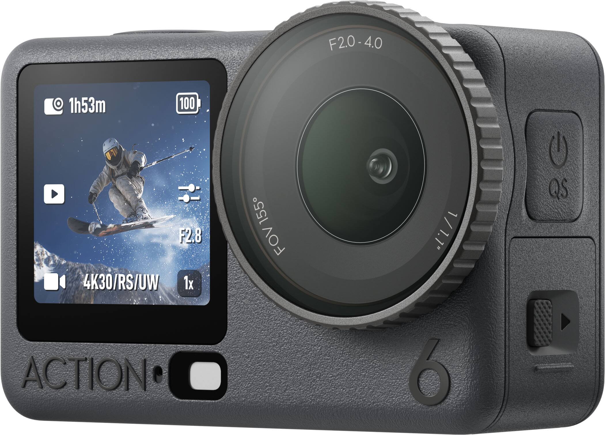 F2.0-4.0  
1h53m  
100  
F2.8  
4K30/RS/UW  
1x  
155 FOV  
1/1.1"  
QS ACTION 6