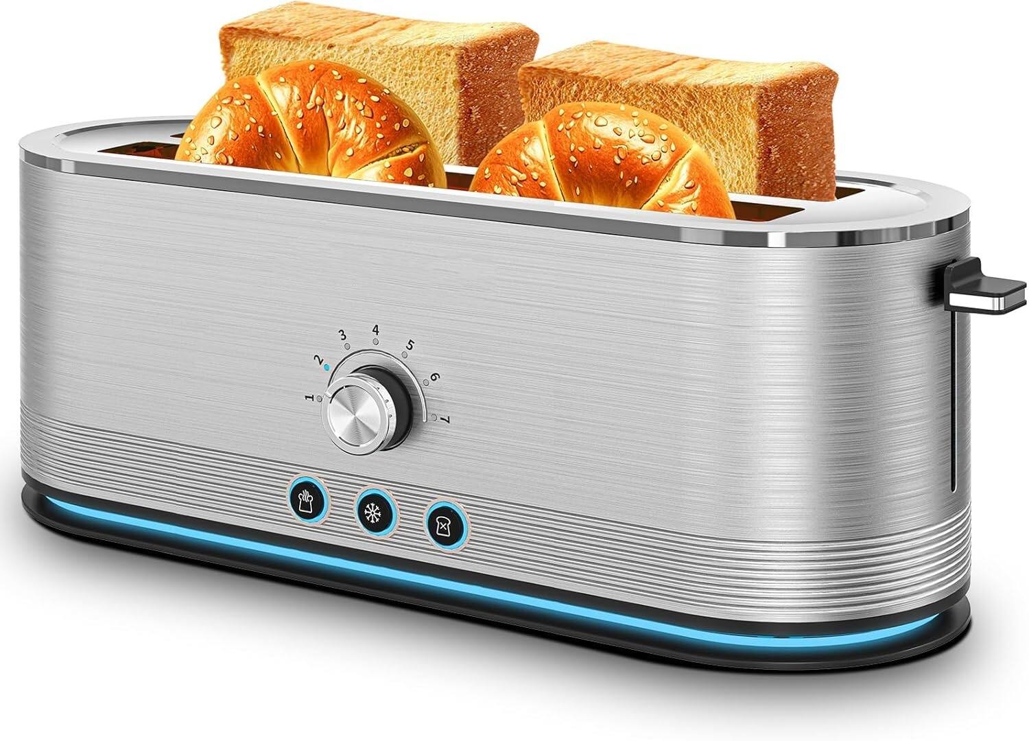 Front. MOOSOO - Stainless Steel 4-Slice Toaster, 7 Browning Settings, Defrost/Reheat Functions, Removable Crumb Tray - Silver.