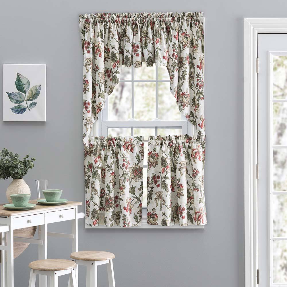 Angle. Ellis Curtain - Ellis Curtain Madison Floral Design Printed Natural Ground 1.5" Rod Pocket Tailored Swag 56" x 36" Brick - Brick.