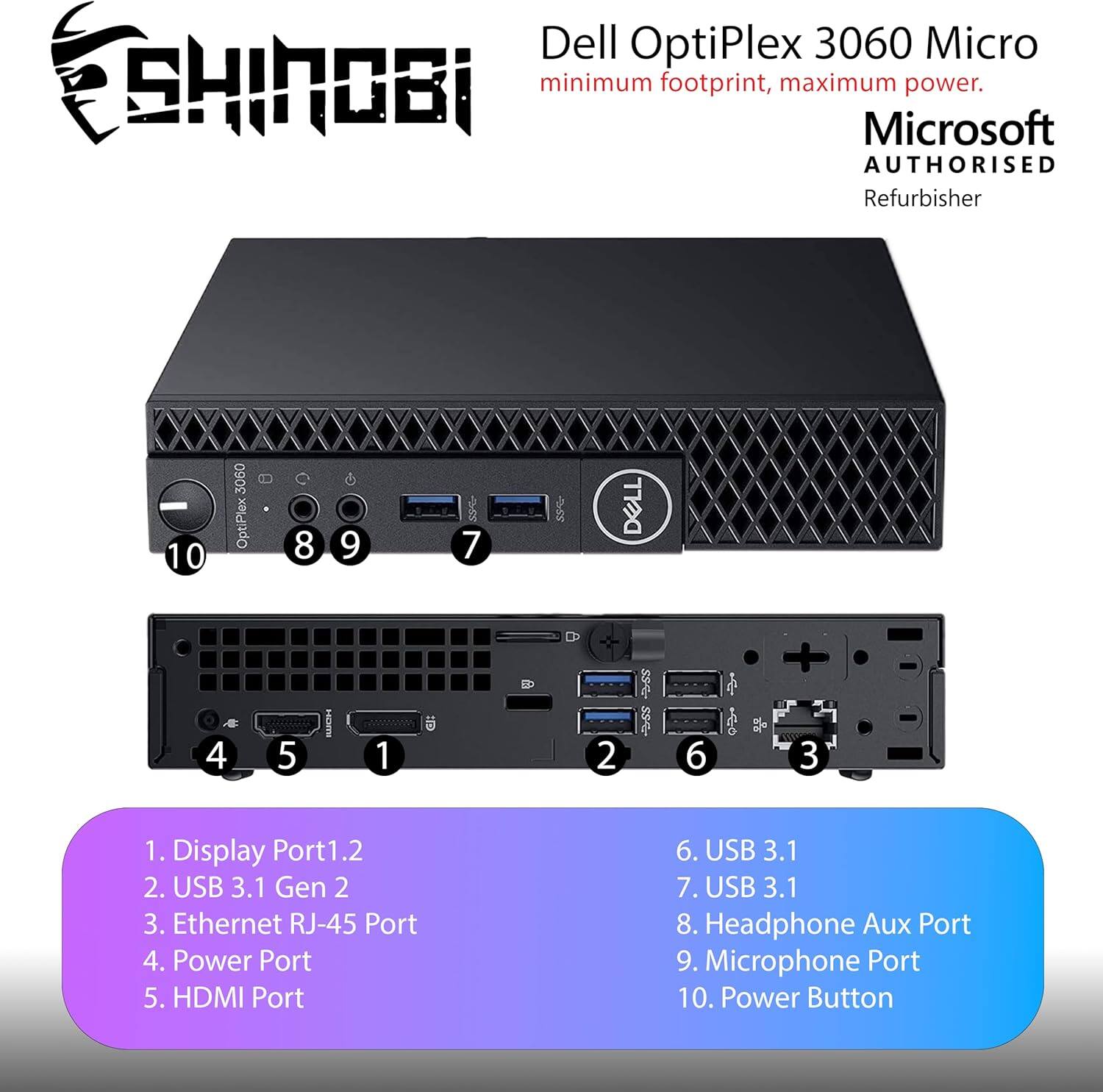 Dell OptiPlex 3060 Micro  
minimum footprint, maximum power.  
Microsoft AUTHORISED Refurbisher  

1. Display Port 1.2  
2. USB 3.1 Gen 2  
3. Ethernet RJ-45 Port  
4. Power Port  
5. HDMI Port  
6. USB 3.1  
7. USB 3.1  
8. Headphone Aux Port  
9. Microphone Port  
10. Power Button