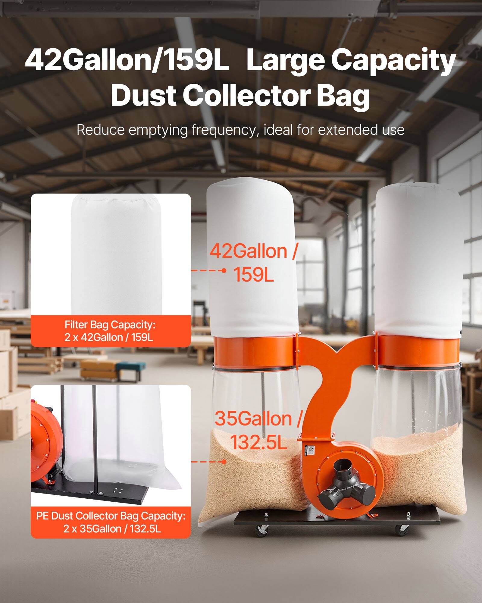 42Gallon/159L Large Capacity Dust Collector Bag  
Reduce emptying frequency, ideal for extended use

42Gallon 159L

Filter Bag Capacity: 2 X 42Gallon / 159L

35Gallon / 132.5L

PE Dust Collector Bag Capacity: 2 X 5Gallon / 132.5L