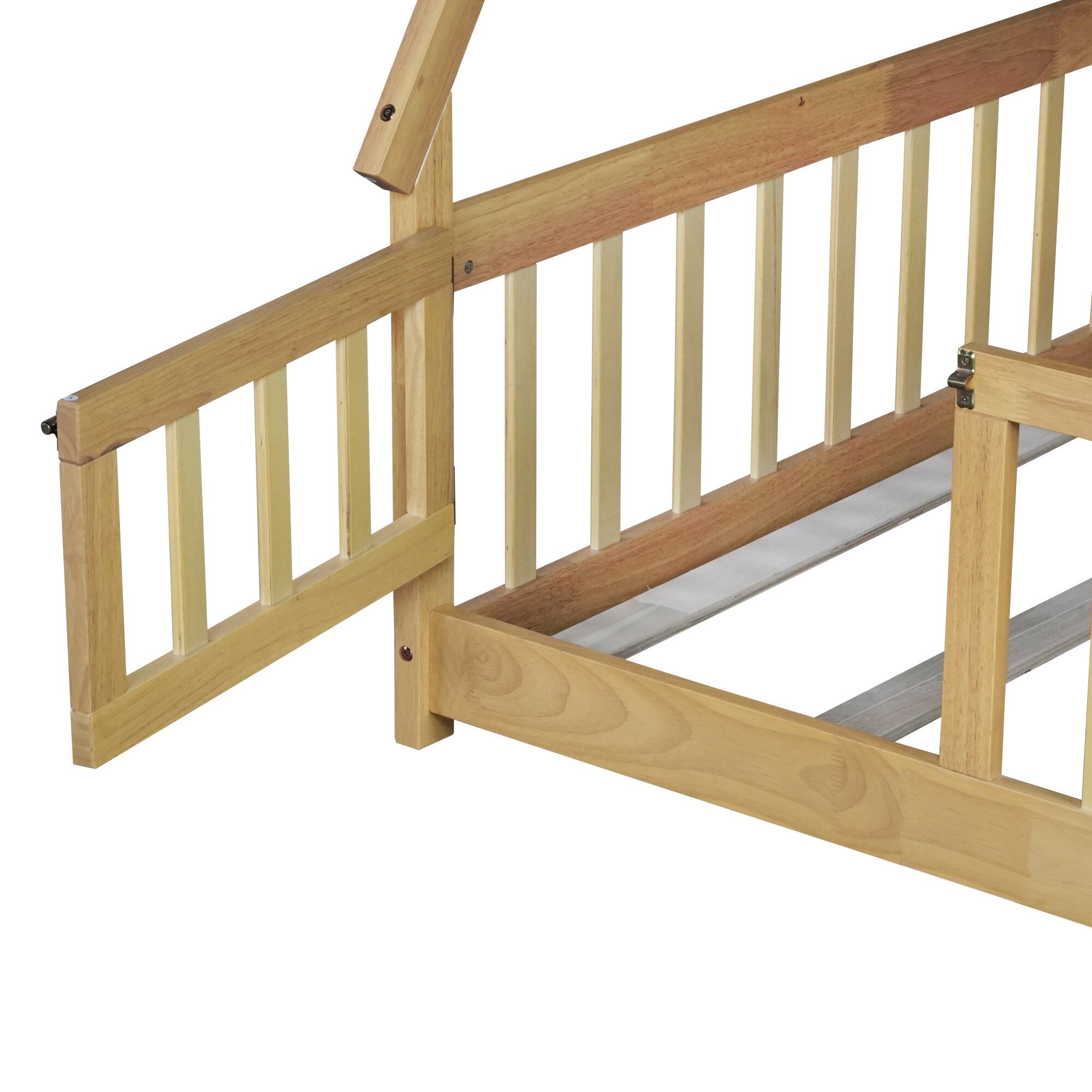 Alt View 1. GOODSILO - Full Size Tent-Shaped Wooden Floor Bed with Guardrails, Slats, and Entry Door - Natural.