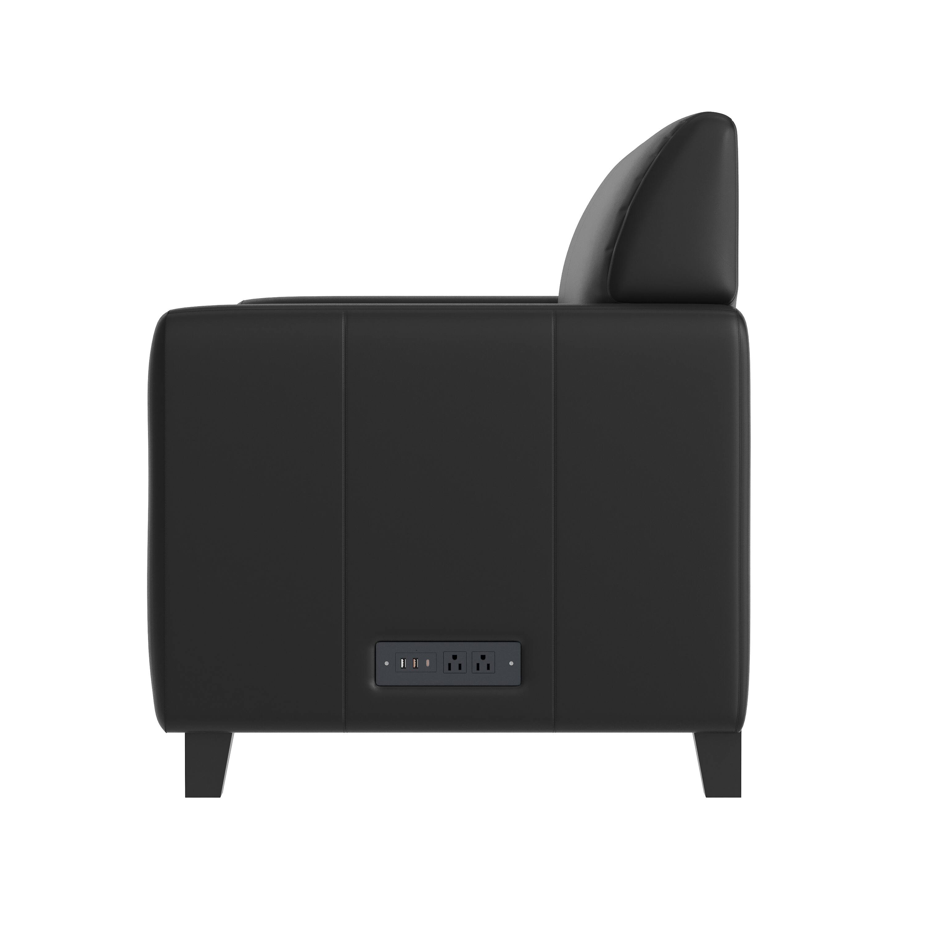 Left. Flash Furniture - Agent Black LeatherSoft Reception Loveseat with Right Side Charging Bank, Includes 2 Outlets, 2USB Ports, 1 USB-C Port, - Black.