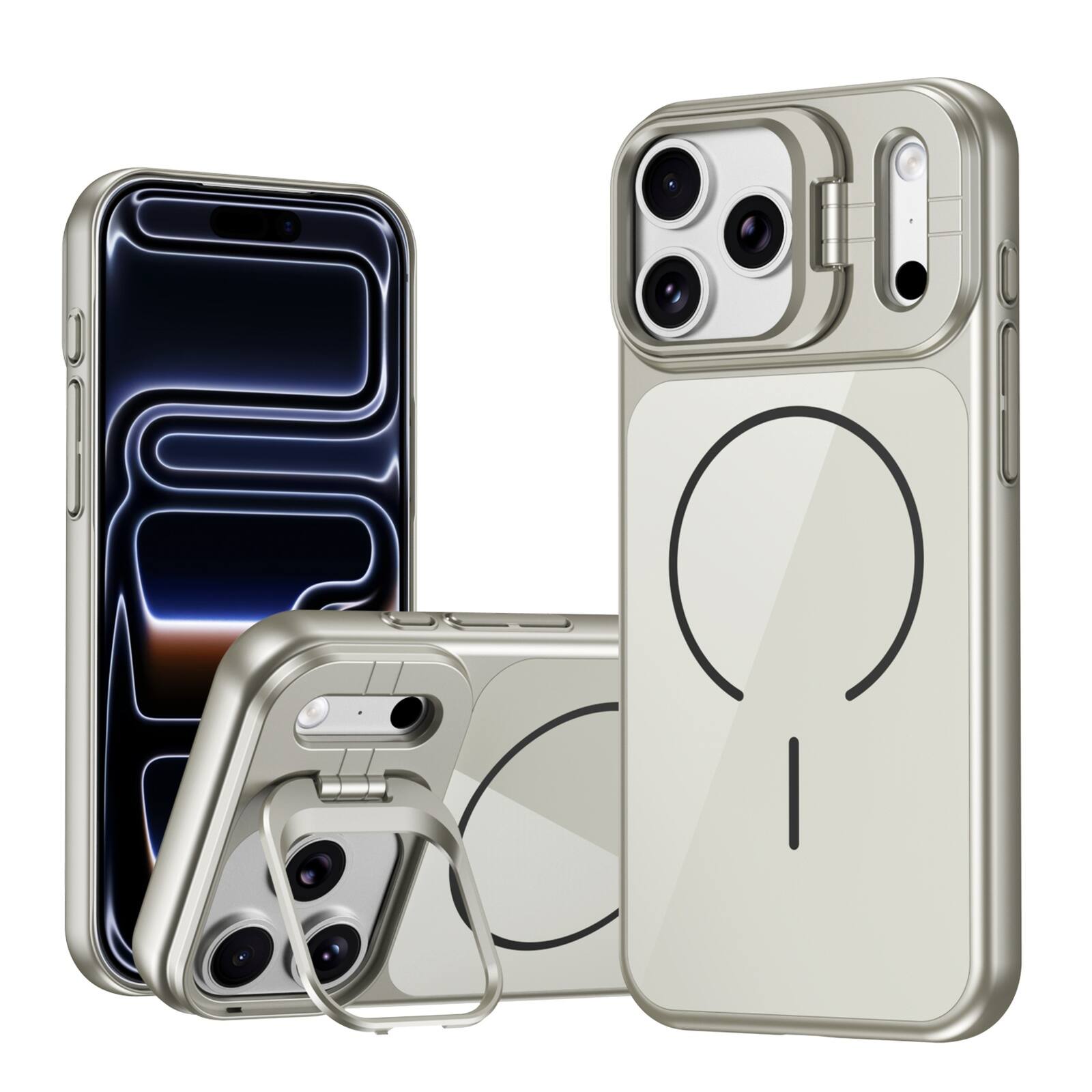 Angle. Dteck - Magnetic Case for Apple iPhone 17 Pro with Camera Lens Kickstand, Rugged Drop Proof Rigid Plastic + Glass Back Cover - Silver.