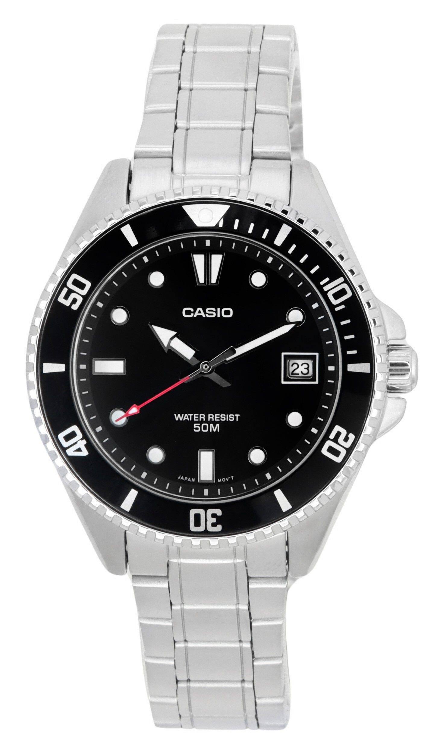 Casio - Analog Stainless Steel Dial Quartz Date MDV-10D-1A1 50M Mens Watch - Black