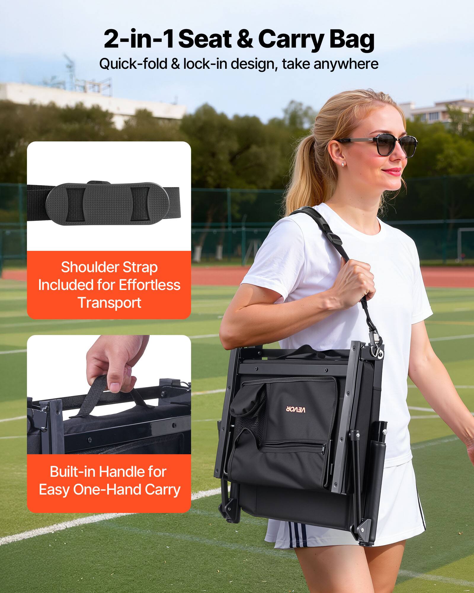 2-in-1 Seat & Carry Bag  
Quick-fold & lock-in design, take anywhere  

Shoulder Strap Included for Effortless Transport  

Built-in Handle for Easy One-Hand Carry