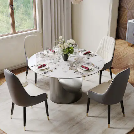 Front. POVISON - 51" Round Dining Table Pandora Glossy Sintered Stone with Gray U-shaped Steel Base - Pandora with Gray.