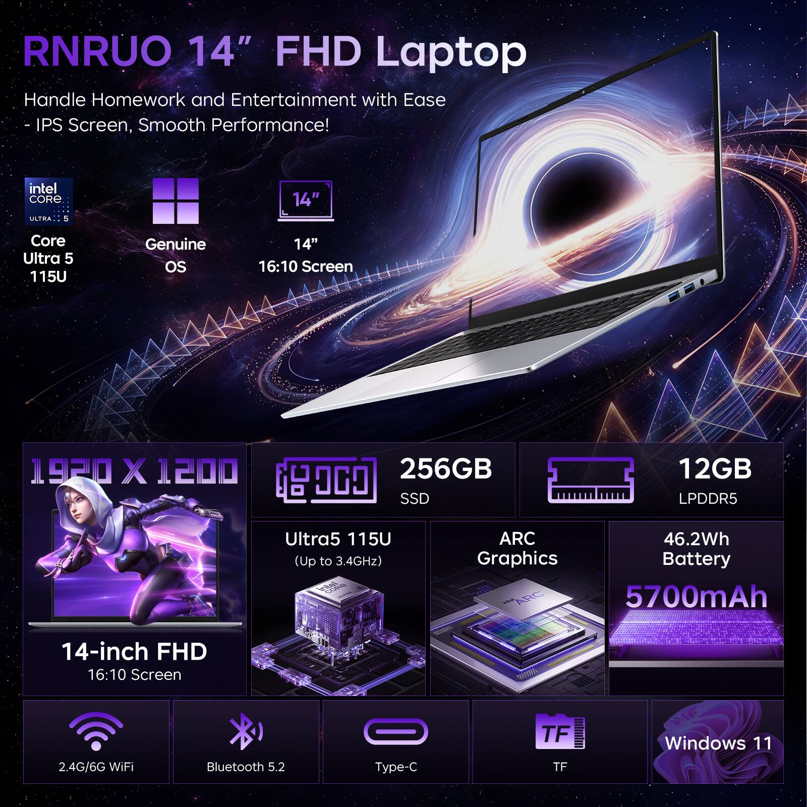 RNRUO 14" FHD Laptop - Handle Homework and Entertainment with Ease - IPS Screen, Smooth Performance!

- Intel Core Ultra 5 115U
- Genuine OS
- 14" 16:10 Screen
- 1920 x 1200
- 256GB SSD
- 12GB LPDDR5
- Ultra5 115U (Up to 3.4GHz)
- ARC Graphics
- 46.2Wh Battery (5700mAh)
- 14-inch FHD 16:10 Screen
- 2.4G/6G WiFi
- Bluetooth 5.2
- Type-C
- TF Card Slot
- Windows 11